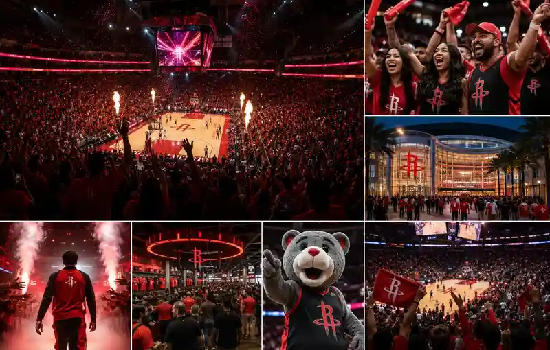 Houston Rockets fans celebrating inside Toyota Center during a high-energy NBA game with packed arena seating, dramatic lighting effects, player introductions, team merchandise areas, mascot entertainment, and red team colors throughout the crowd.